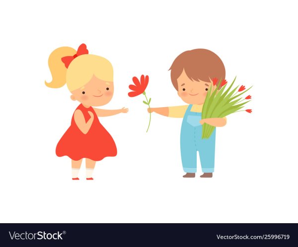 Мальчик дарит цветы девочке вектор