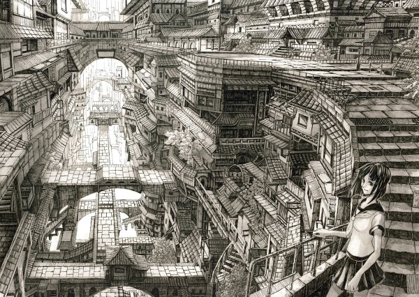 Аниме город черно белый