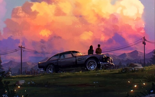 Машина уезжает в закат арт