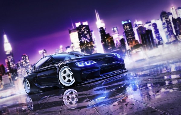 Машина на фоне ночного города