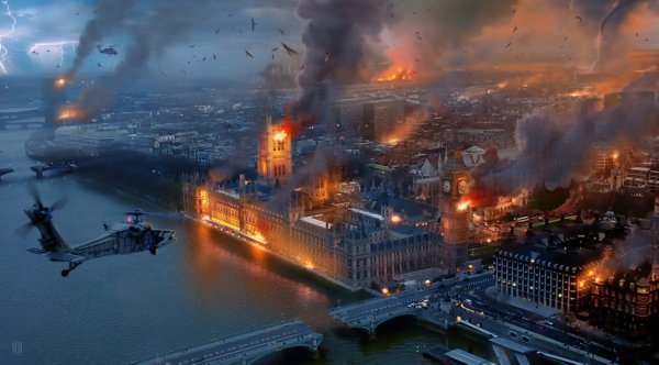 Разрушенный горящий город