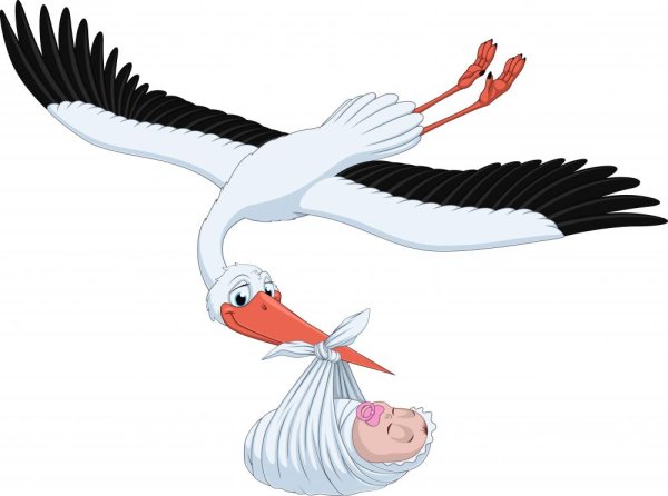 Аист мультяшный с ребенком