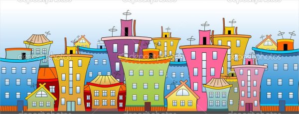 Дом в городе нарисованный мультяшный