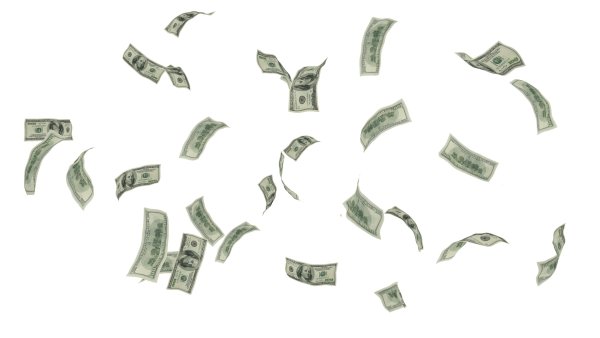 Падающие деньги на белом фоне