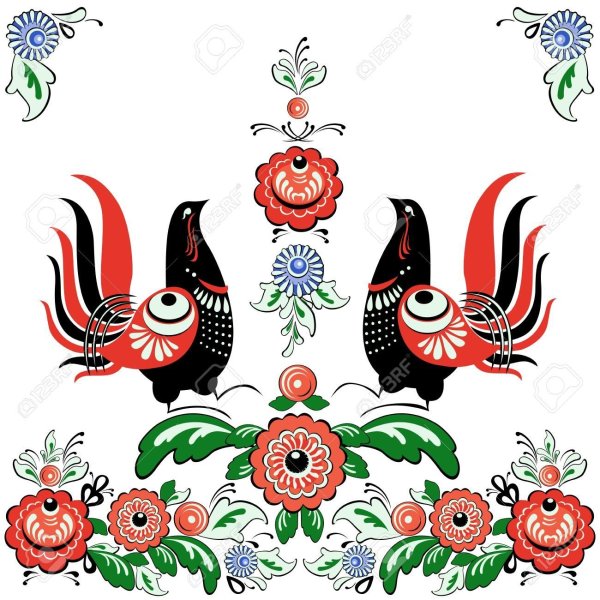 Городецкая роспись на белом фоне