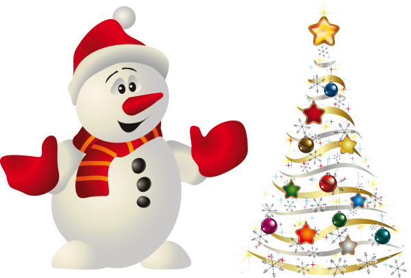 Снеговик с елкой на белом фоне