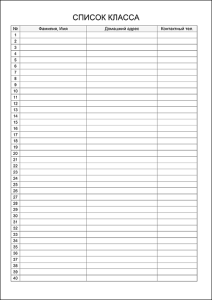 Список учащихся класса шаблон