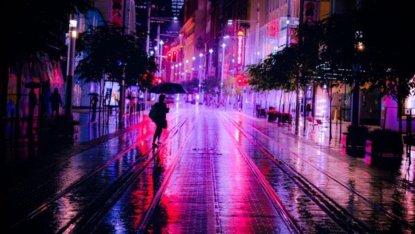 Ночной неоновый город улица