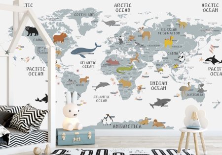 Детские фотообои карта мира с животными