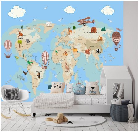 Фотообои в детскую карта мира с животными