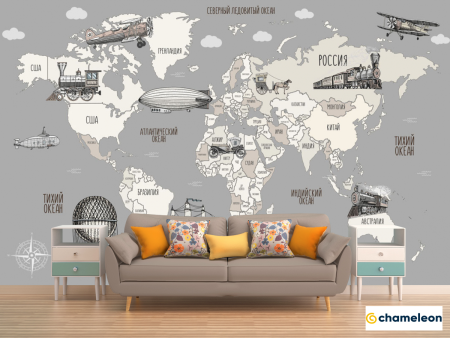 Фотообои карта мира черно белая