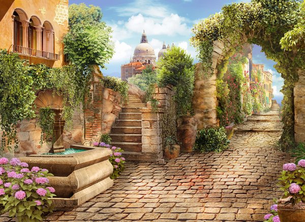 Фрески улочки Италии с кафе