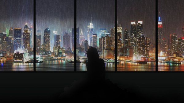 Нью-Йорк ночной Манхэттен с окна