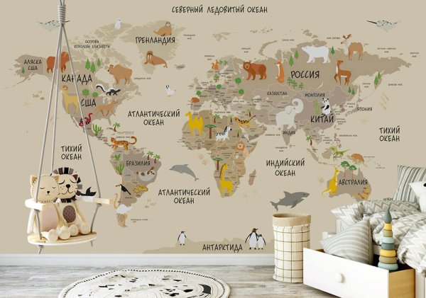 Фотообои в детскую карта мира с животными
