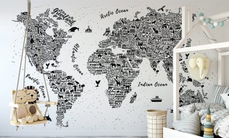Фотообои карта мира черно белая