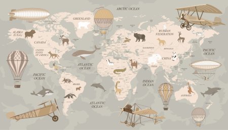 Детские фотообои карта мира с животными