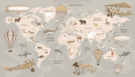 Детские фотообои карта мира с животными