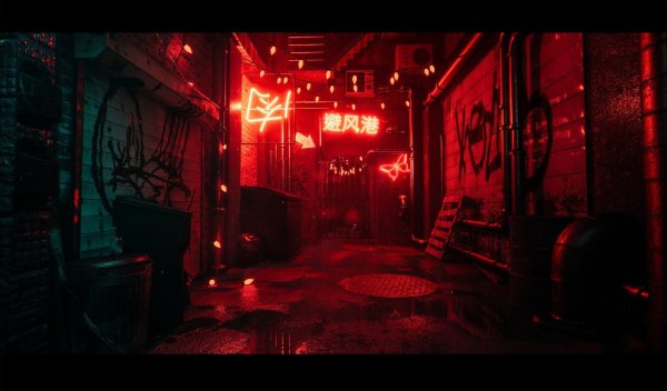 Киберпанк улица неон красный фон