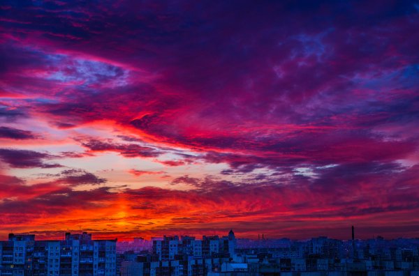 Розовый закат в городе