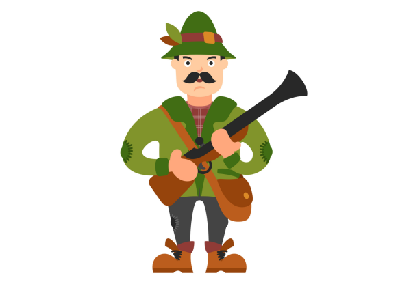Охотник мультяшный на белом фоне