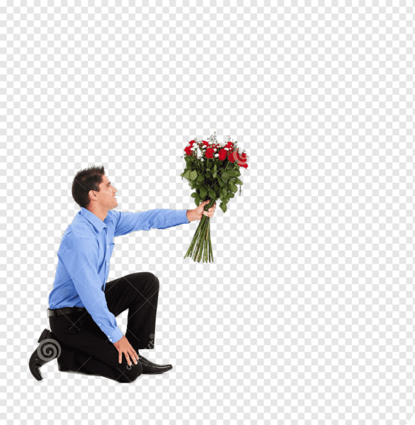 Мужчина на коленях дарит цветы