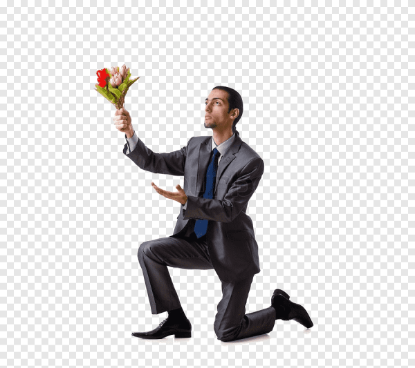 Мужчина на коленях с цветами