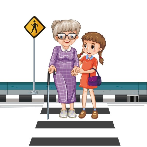 Переводит бабушку через дорогу