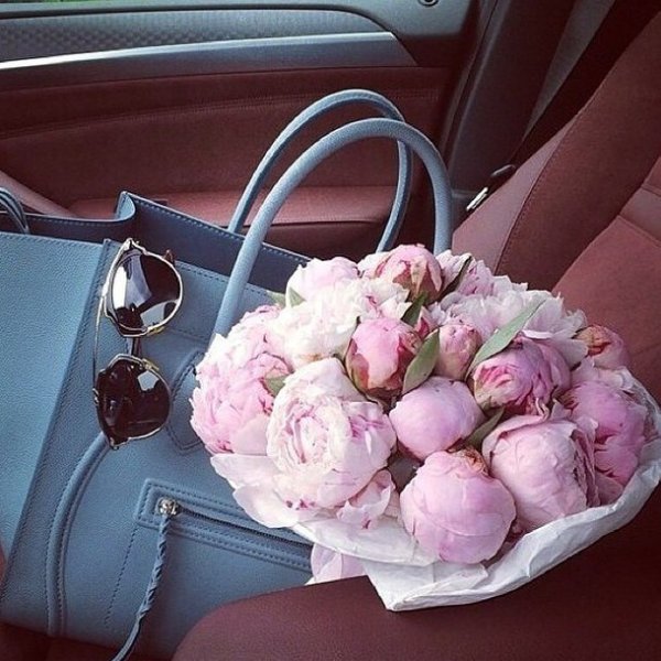 Шикарный букет пионов в машине