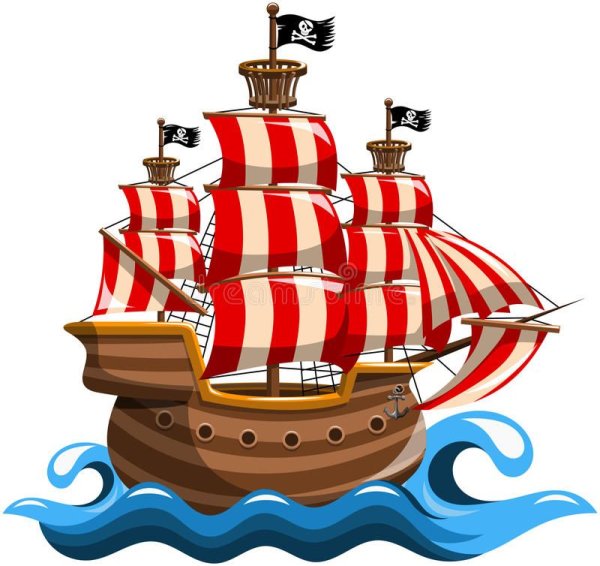 Мультяшный пиратский корабль на белом фоне