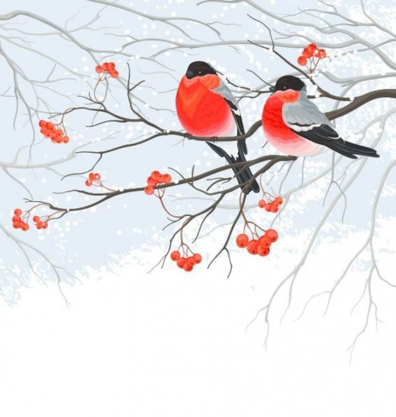 Зимнее дерево со снегирями