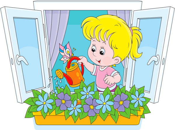 Дети поливают цветы на подоконнике