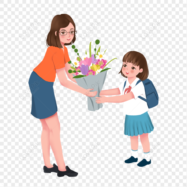 Девочка дарит цветы учителю