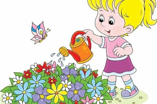 Девочка поливает цветы