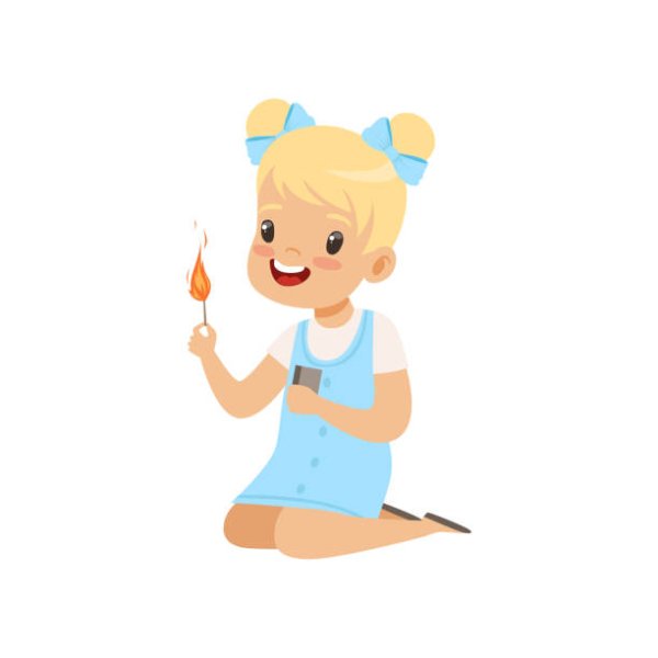 Ребенок со спичками на белом фоне