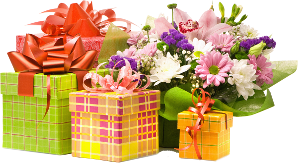 Цветы и подарки на белом фоне