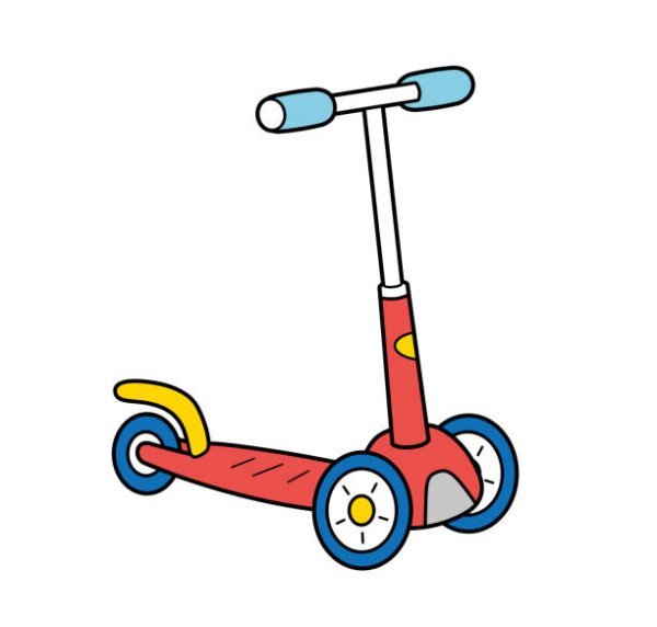 Ребенок на самокате на белом фоне