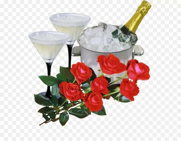 Шампанское бокалы цветы на прозрачном фоне