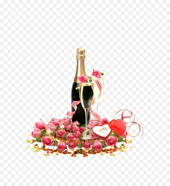 Шампанское и цветы на белом фоне