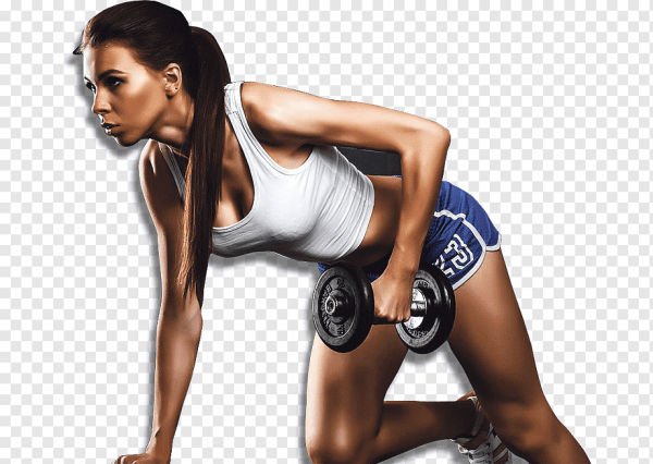 Фитнес парень и девушка с гантелями на белом фоне