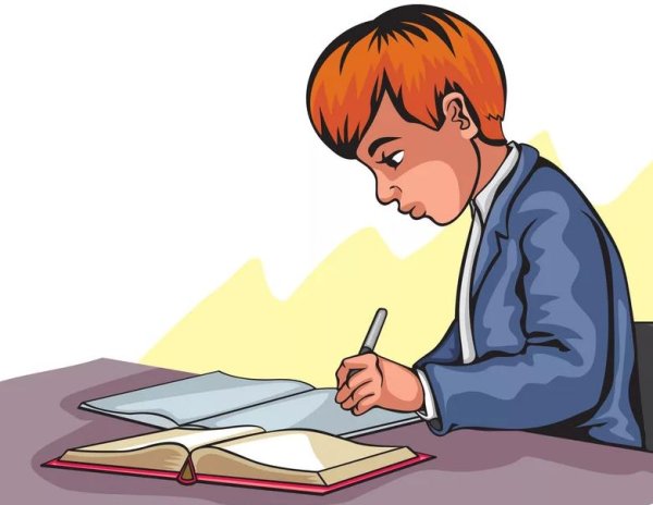 Школьник пишет в тетради рисунок