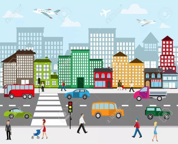 Нарисованный город с дорогой