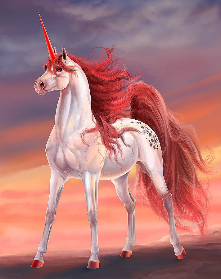 Красный единорог. Сказочные лошади. Лошадь «Единорог». Лошадь с красной гривой.