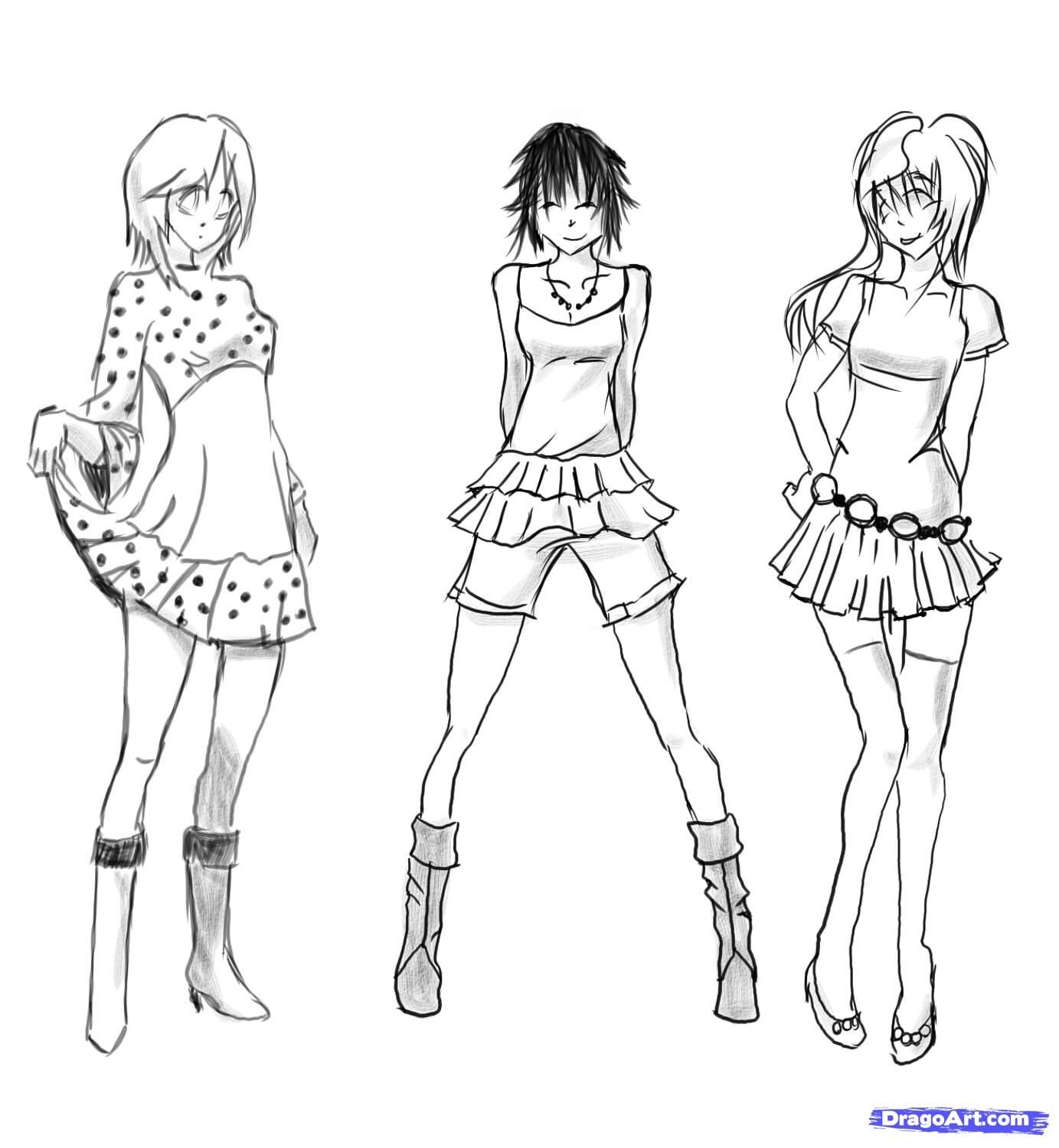 Одежда аниме девушек карандашом