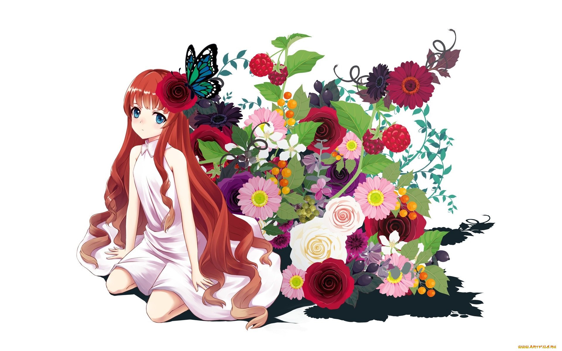 Аниме девушка с цветами
