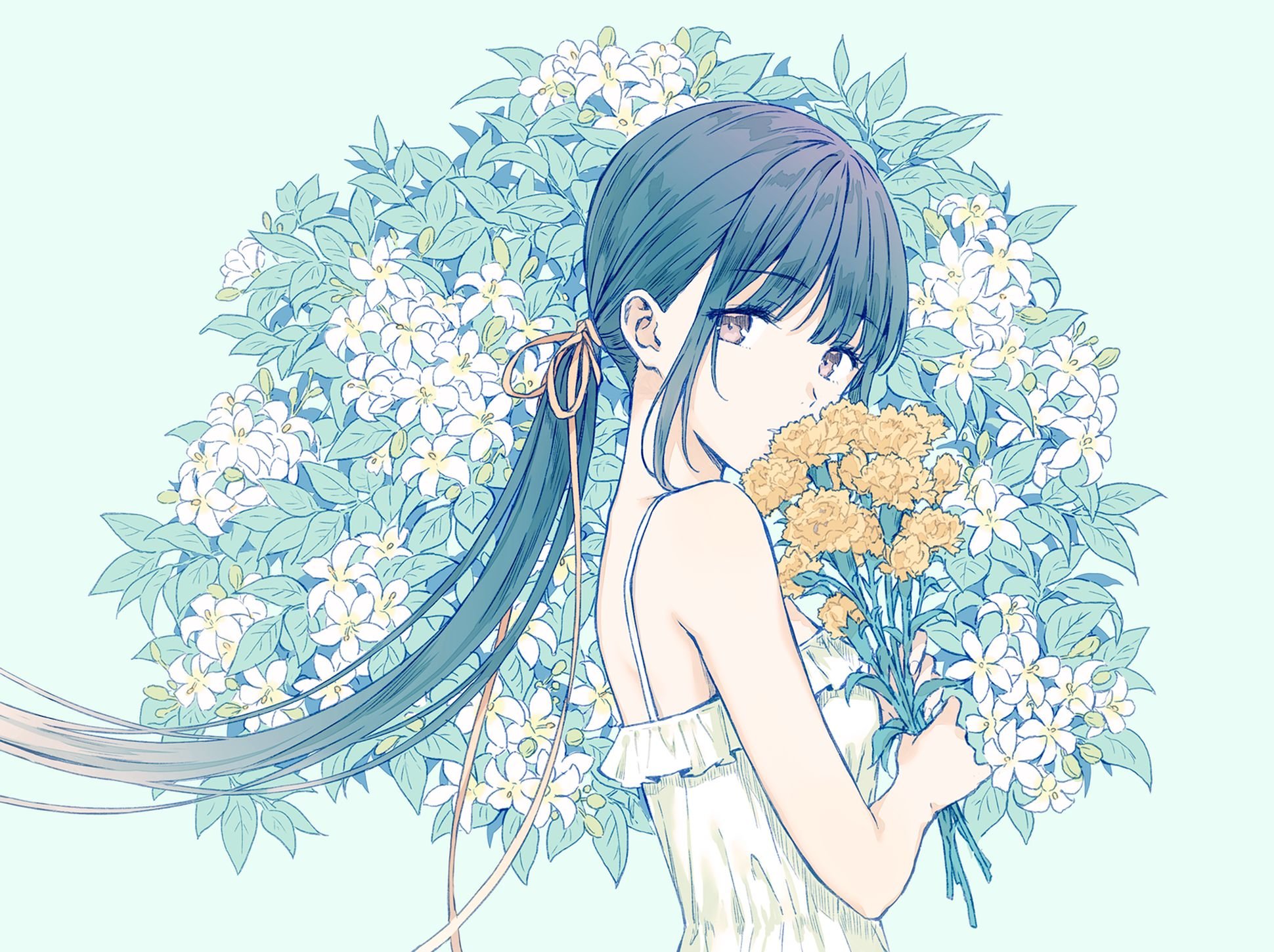 Аниме девушка с цветами