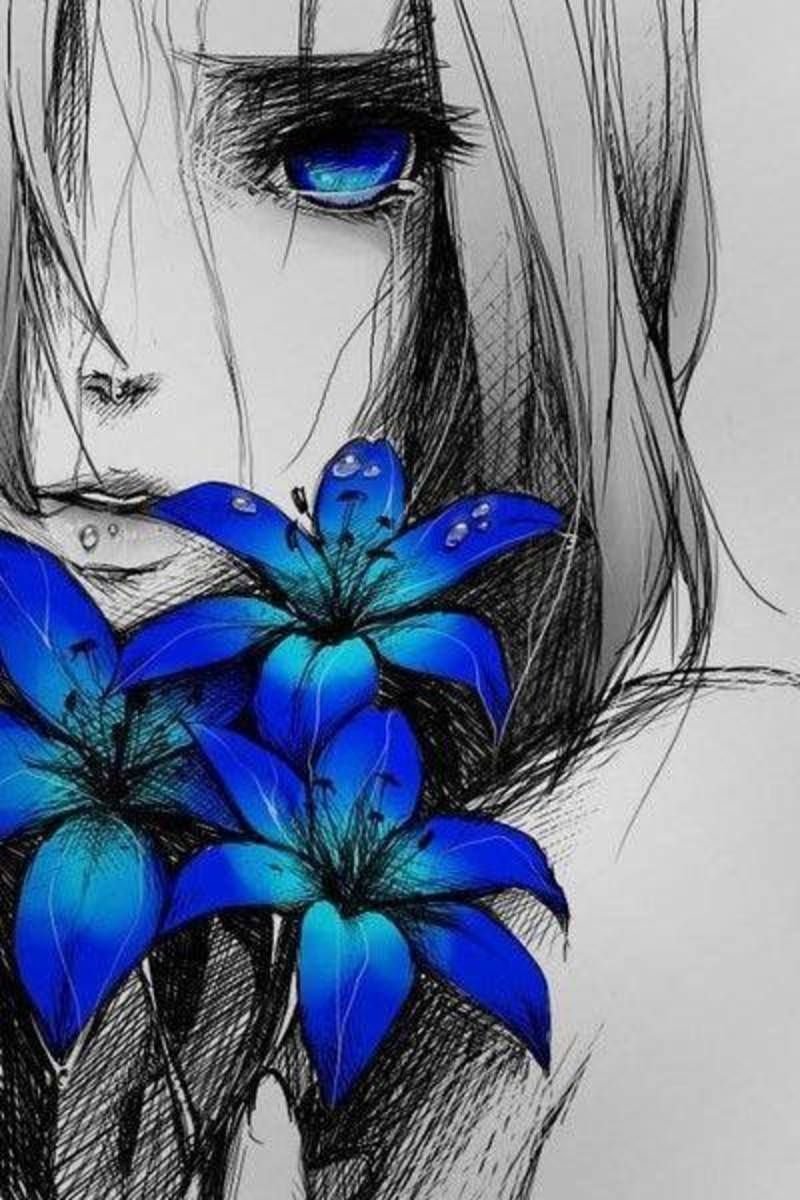 Девушка с синим цветком арт