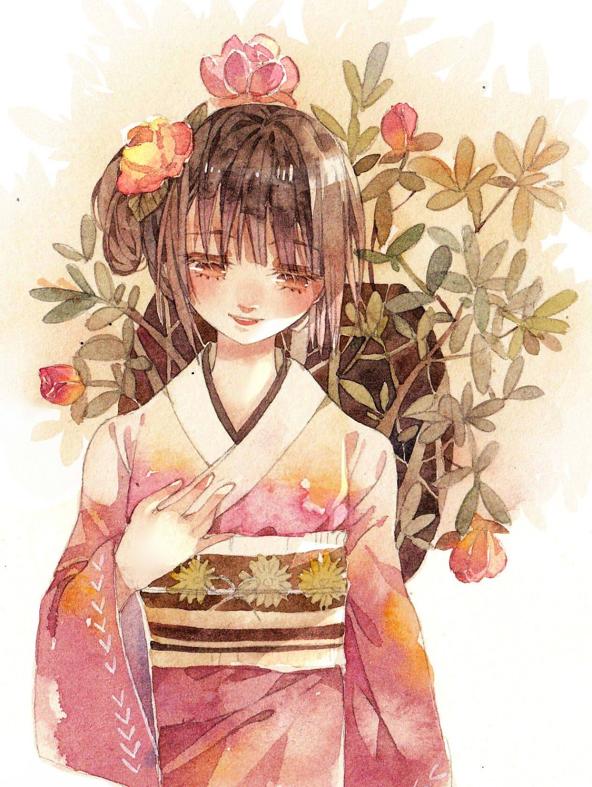 Девушка в кимоно акварель