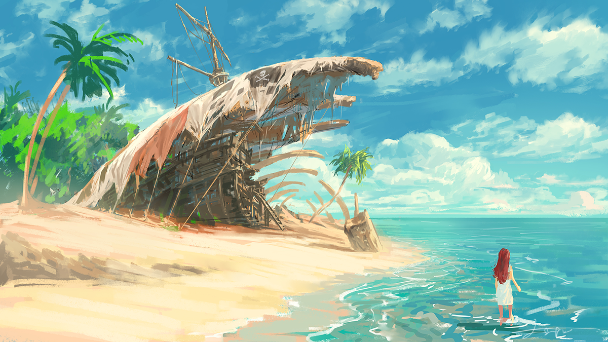 Summer fantasy. Тропический остров арт. Море арт. Аниме пляж. Пляж арт.
