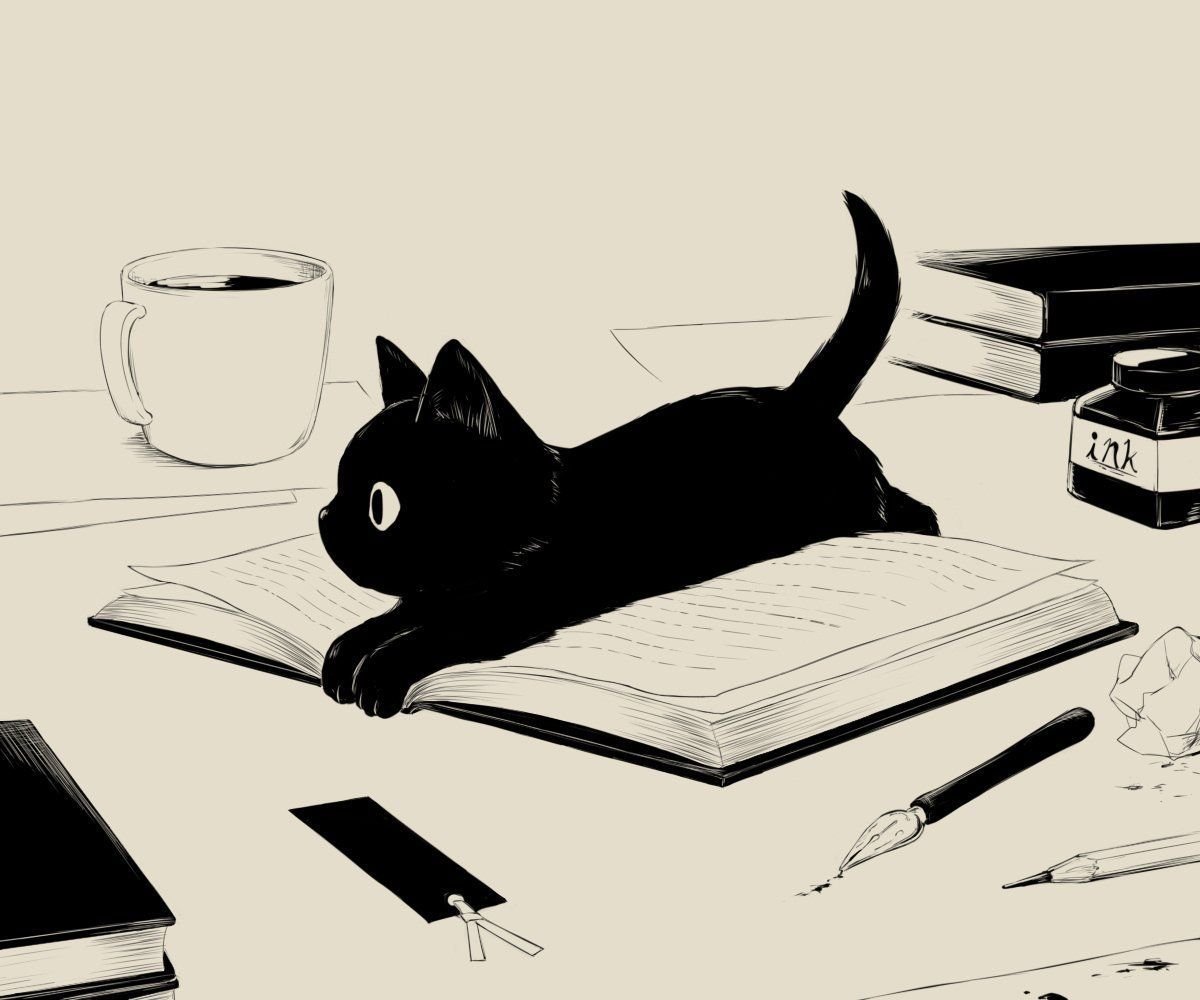 рисунок кошки на столе