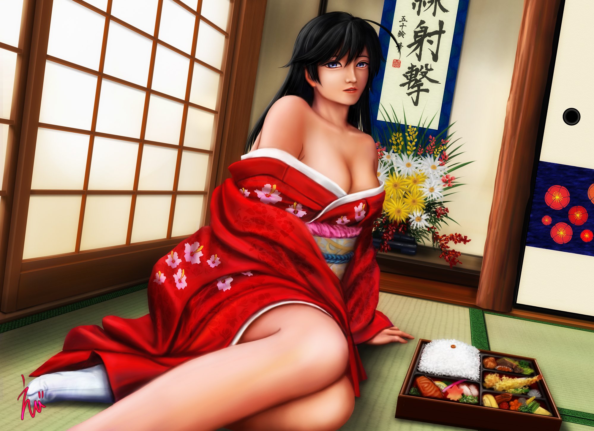 Девушка с большой грудью в кимоно